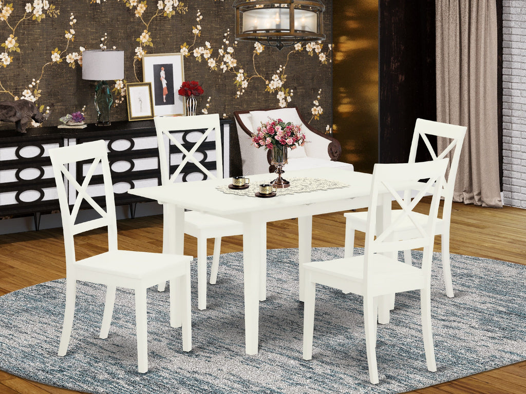 NOBO5-ZRK-W 5pc Dining Suite with Butterfly Leaf Table & 4 Chairs in Elegant Linen White Finish, 32x54 Inches