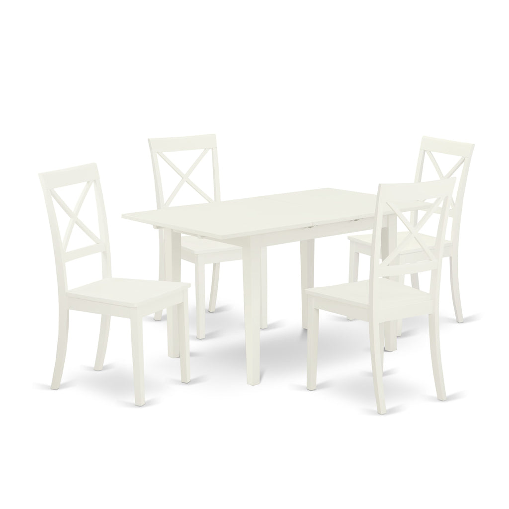 NOBO5-ZRK-W 5pc Dining Suite with Butterfly Leaf Table & 4 Chairs in Elegant Linen White Finish, 32x54 Inches