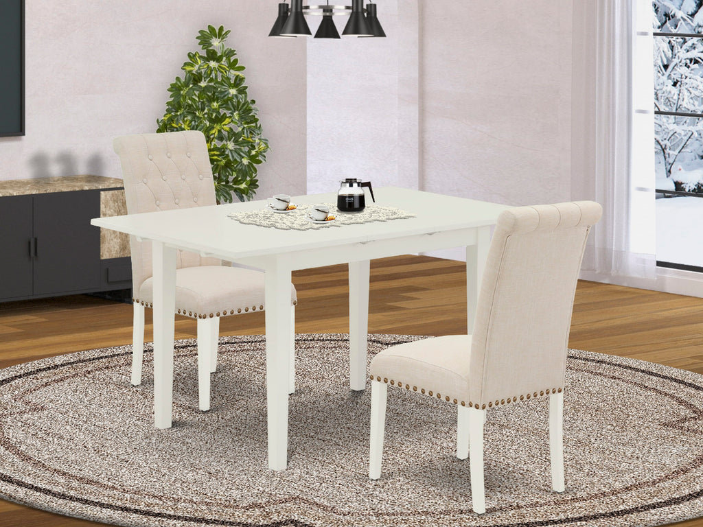 NOBR3-7MJ-H9 Dining Set with Butterfly Expansion Table and 2 Beige Upholstered Chairs, 32x54