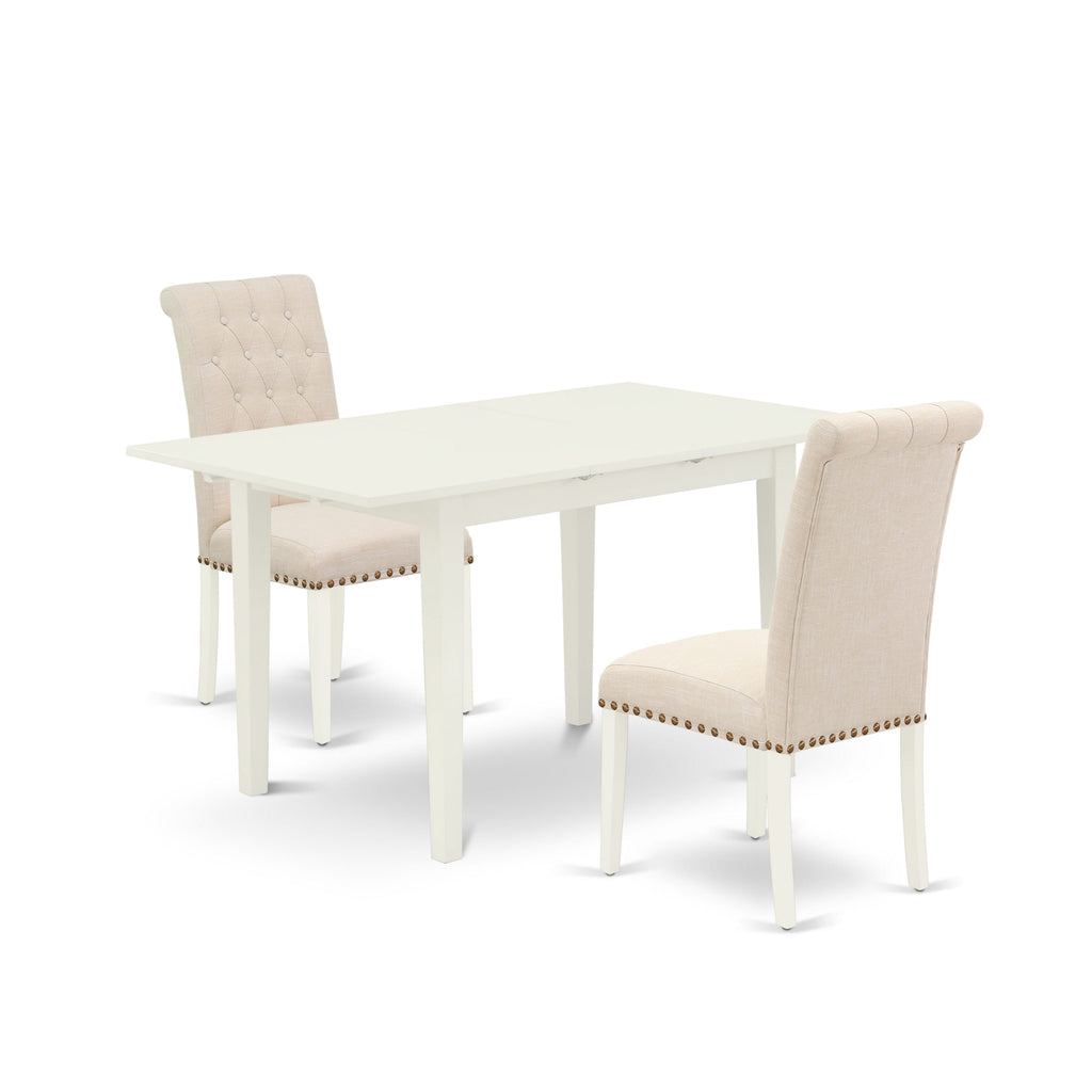 NOBR3-7MJ-H9 Dining Set with Butterfly Expansion Table and 2 Beige Upholstered Chairs, 32x54