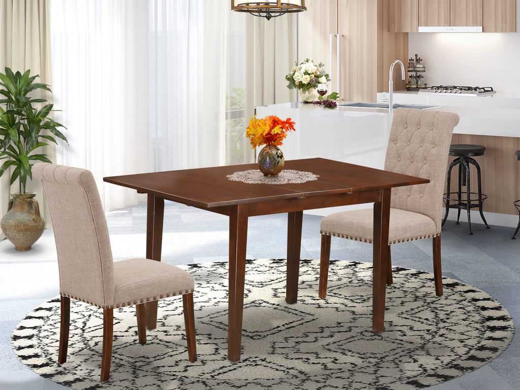 NOBR3-RGF-WK 3 Piece Dining Room Table Set, Rectangle Table with Expandable Leaf and Two Upholstered Chairs, 32x54 Inch in Rich Wood Finish