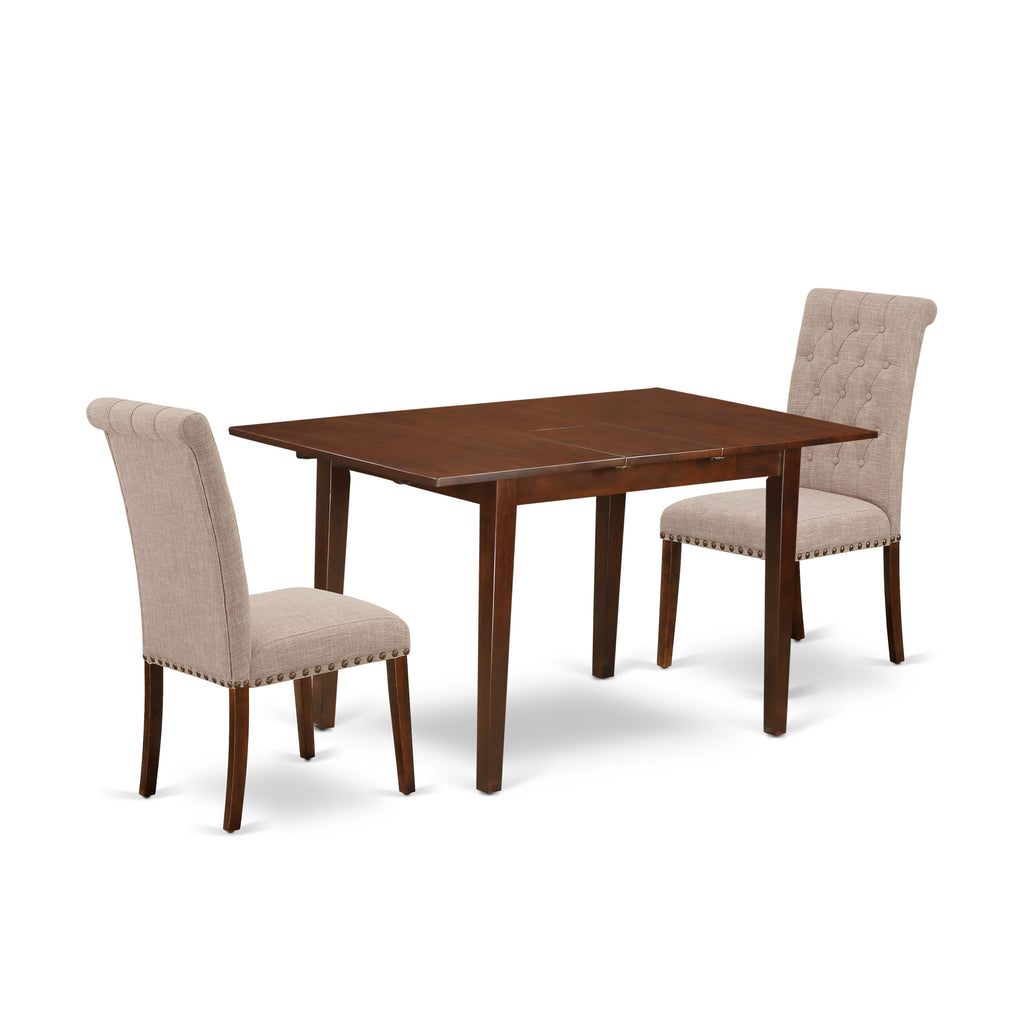 NOBR3-RGF-WK 3 Piece Dining Room Table Set, Rectangle Table with Expandable Leaf and Two Upholstered Chairs, 32x54 Inch in Rich Wood Finish