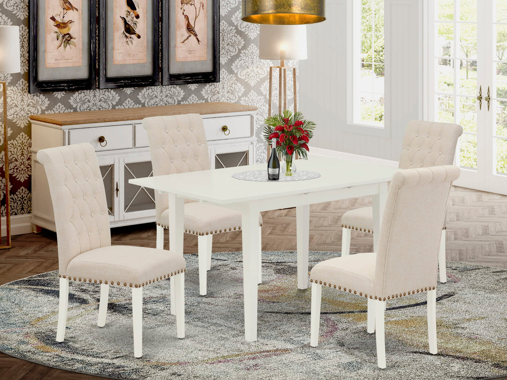 NOBR5-V0Z-6P Elegant 5-Piece Dining Ensemble Includes Expanding Table & Plush Beige Chairs, 32x54 Linen Release