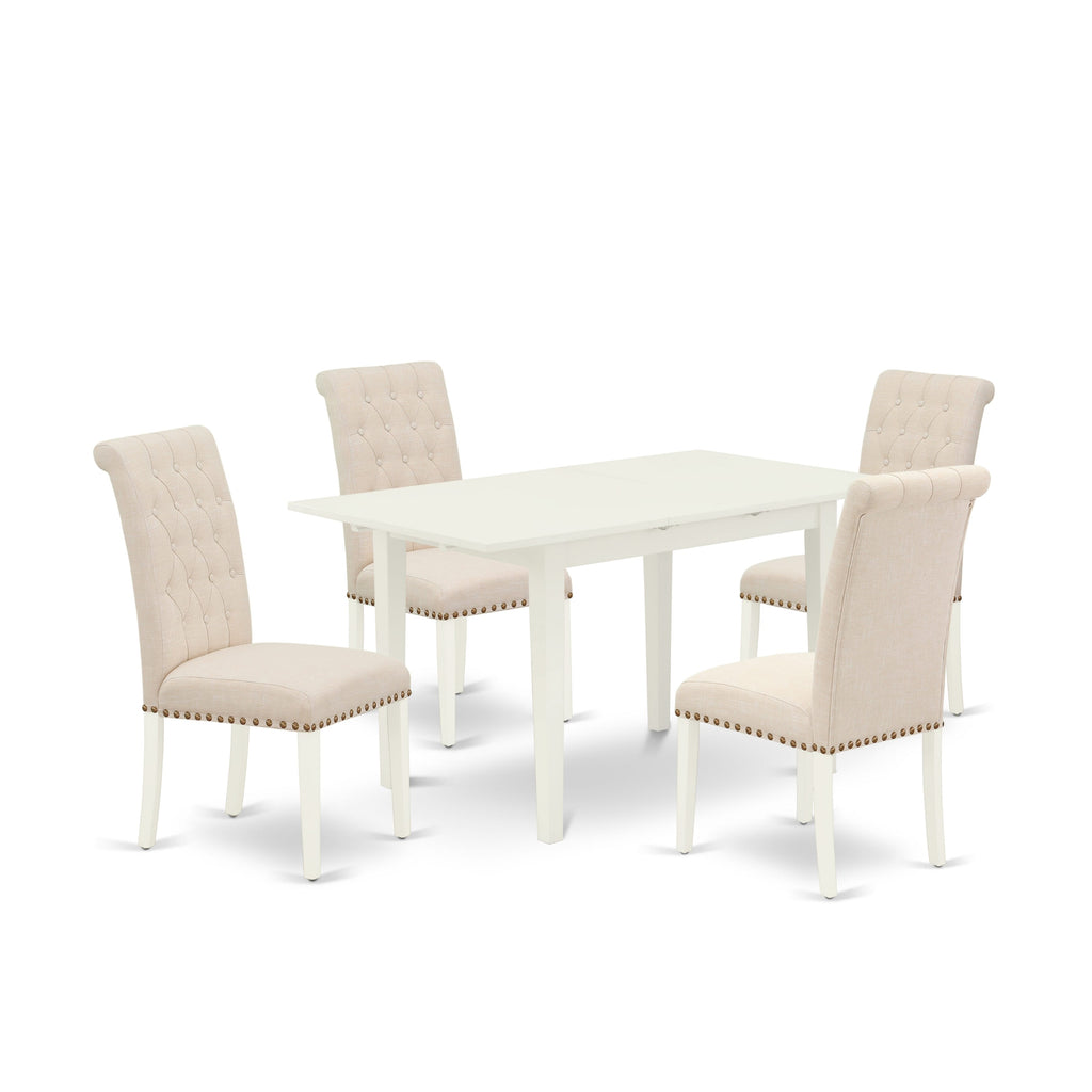 NOBR5-V0Z-6P Elegant 5-Piece Dining Ensemble Includes Expanding Table & Plush Beige Chairs, 32x54 Linen Release