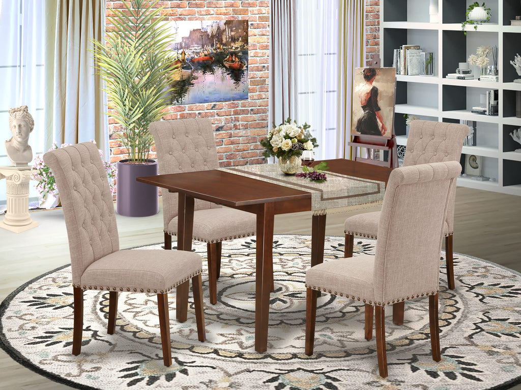 NOBR5-FUI-7Y Deluxe Dining Ensemble with Leaf Extension and Elegant Upholstery in Tan