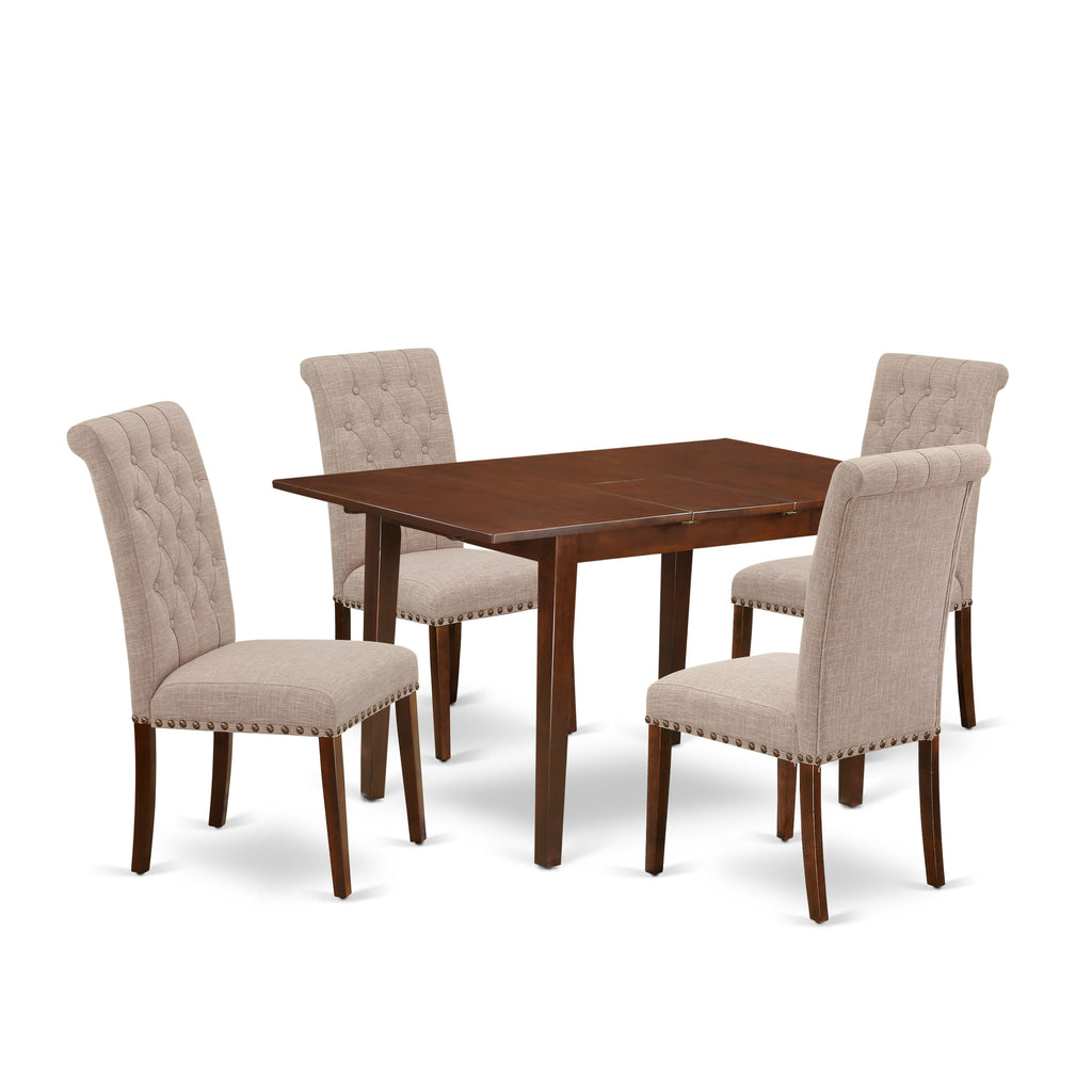 NOBR5-FUI-7Y Deluxe Dining Ensemble with Leaf Extension and Elegant Upholstery in Tan
