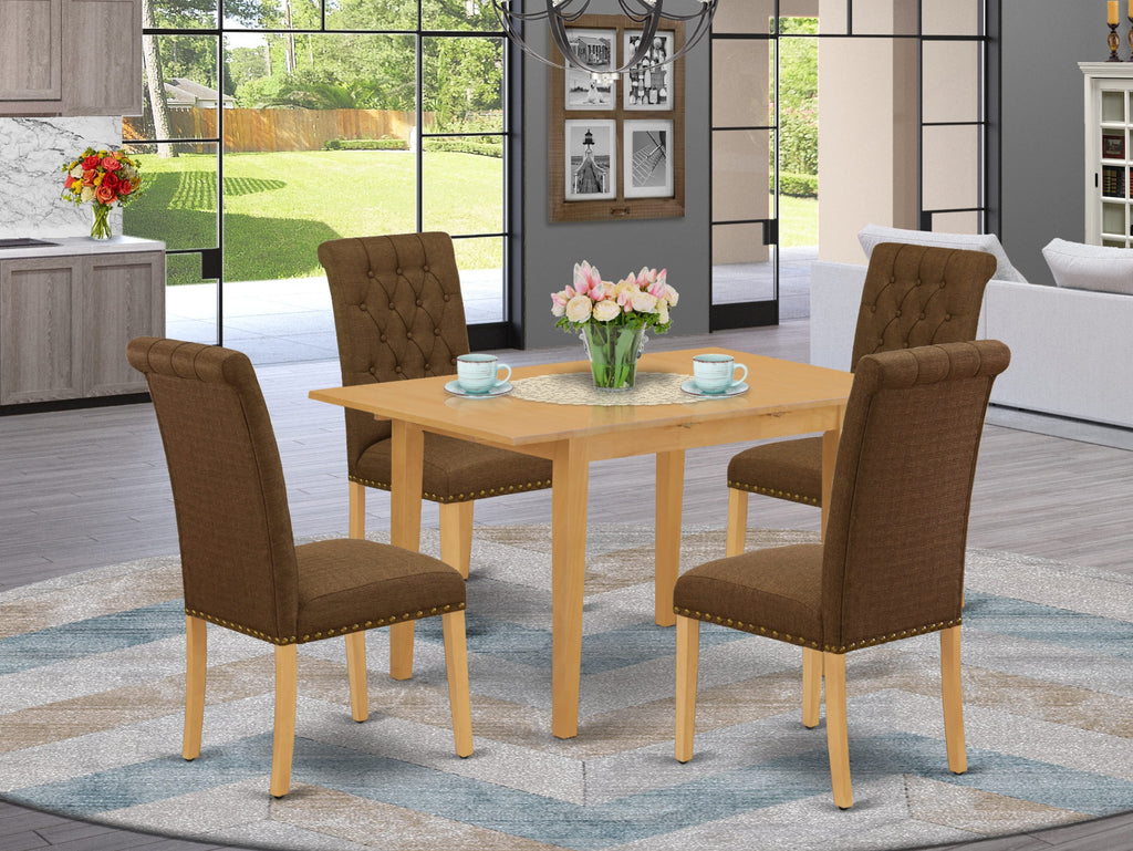 NOBR5-P39-JC Oak Dining Set with Foldable Leaf & 4 Brown Linen Chairs - 5 Piece 32x54