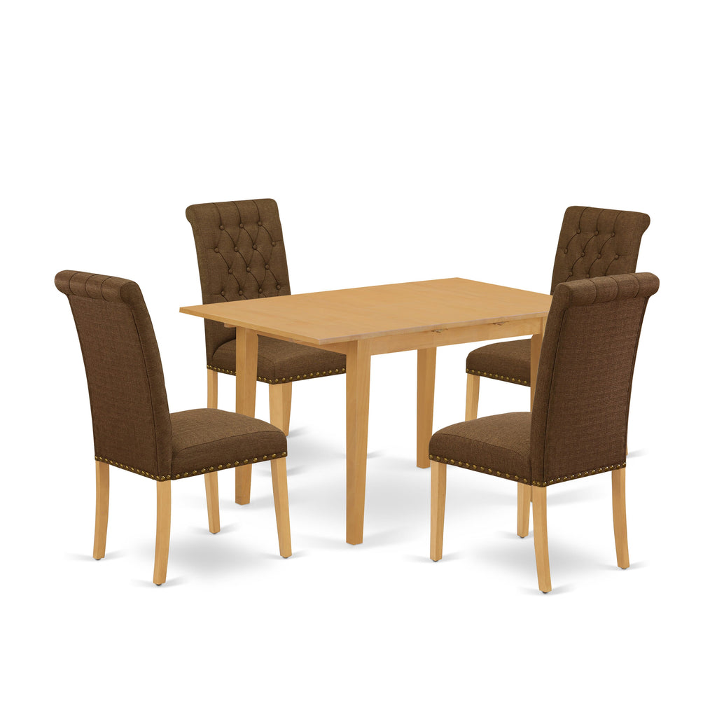 NOBR5-P39-JC Oak Dining Set with Foldable Leaf & 4 Brown Linen Chairs - 5 Piece 32x54