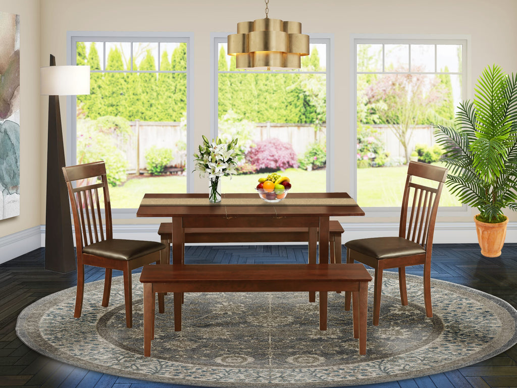 NOCA5J-C18 Mahogany Dining Collection Expandable Table Set with Faux Leather Chairs and Benches - Perfect for Family Gatherings