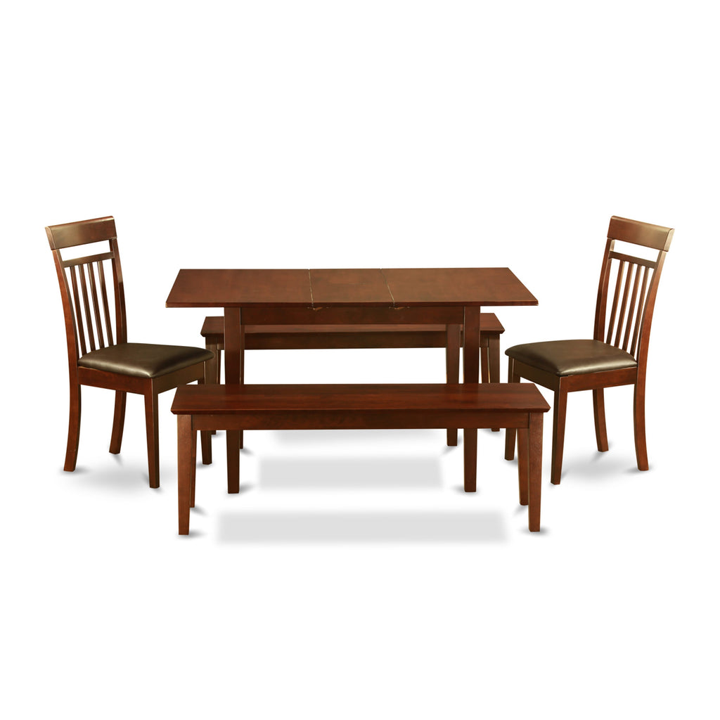 NOCA5J-C18 Mahogany Dining Collection Expandable Table Set with Faux Leather Chairs and Benches - Perfect for Family Gatherings