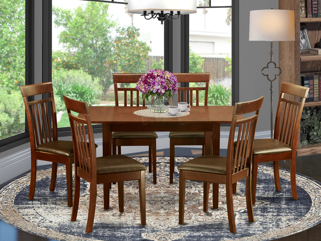 NOCA7-RQR-60 Luxurious 7-Piece Mahogany Dining Ensemble with Leaf-Extension Table and Faux Leather Seating