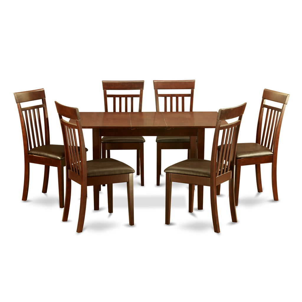 NOCA7-RQR-60 Luxurious 7-Piece Mahogany Dining Ensemble with Leaf-Extension Table and Faux Leather Seating
