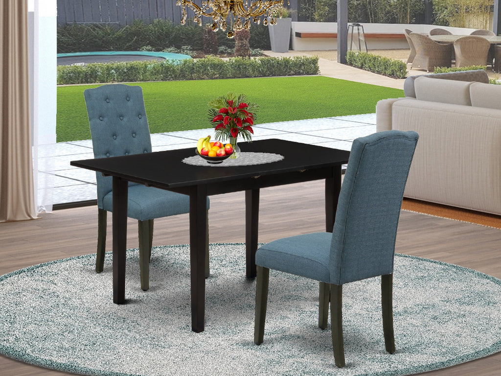 NOCE3-H2J-CL Elegant Dining Set with Expanding Table and 2 Plush Blue Chairs, 32x54 Black Design
