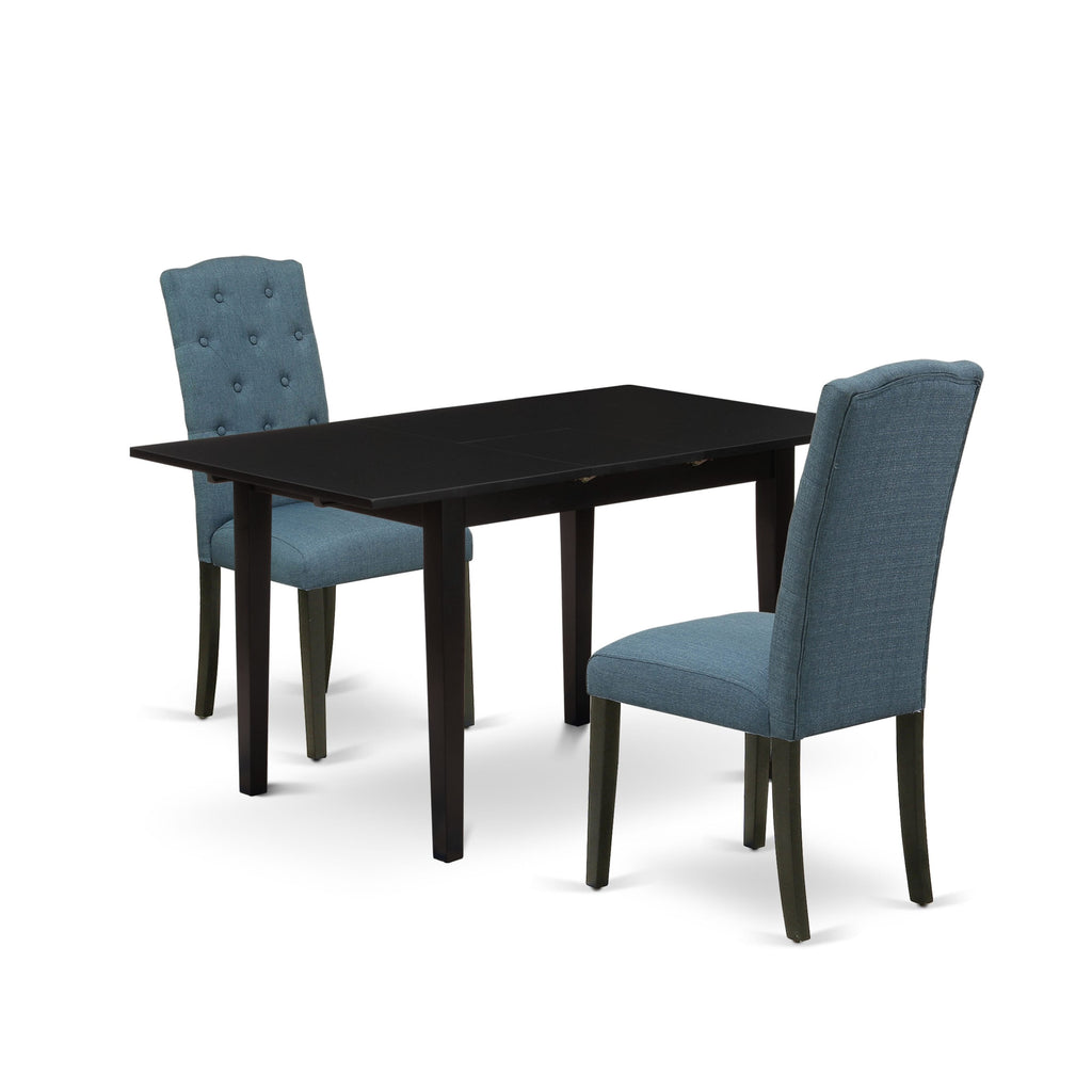 NOCE3-H2J-CL Elegant Dining Set with Expanding Table and 2 Plush Blue Chairs, 32x54 Black Design