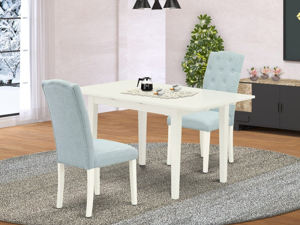NOCE3-KAC-2B 3-Piece Dining Set with Butterfly Extension and Azure Chair Pair, Linen White 32x54 Table