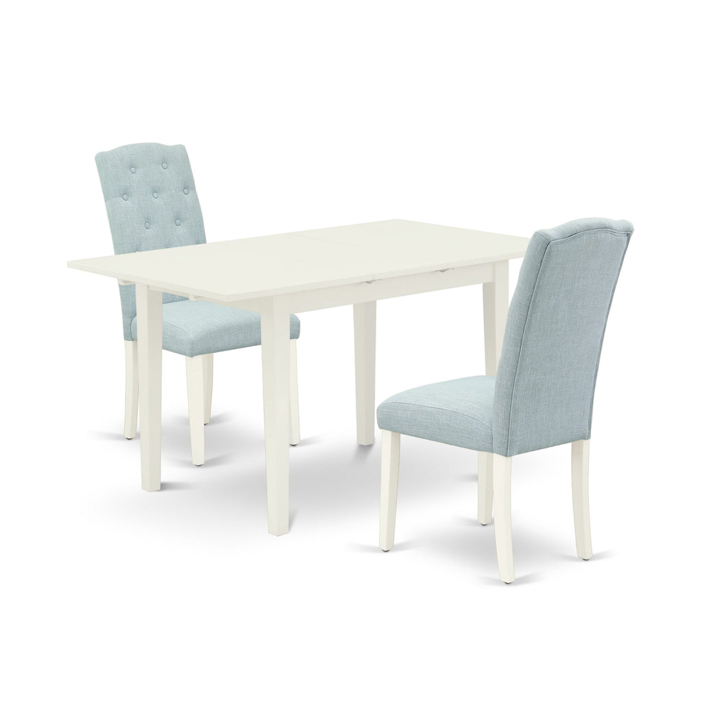 NOCE3-KAC-2B 3-Piece Dining Set with Butterfly Extension and Azure Chair Pair, Linen White 32x54 Table