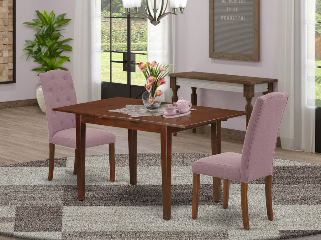 NOCE3-EIT-EK 3-Piece Dining Ensemble with Expanding Rectangle Table and Twin Linen Chairs in Elegant Mahogany Finish, 32x54 Inches