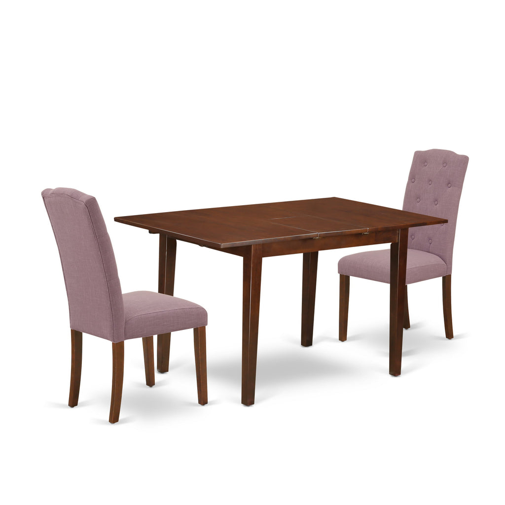 NOCE3-EIT-EK 3-Piece Dining Ensemble with Expanding Rectangle Table and Twin Linen Chairs in Elegant Mahogany Finish, 32x54 Inches