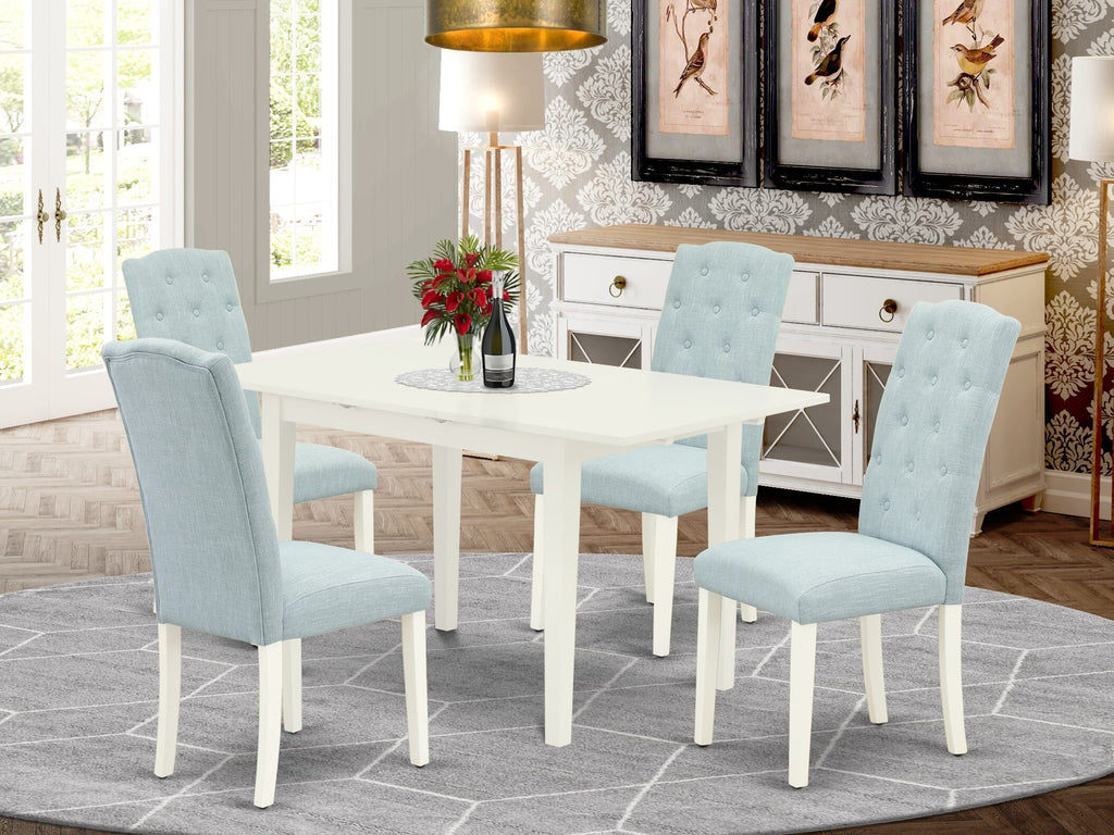 NOCE5-XA9-GX Stylish Linen White Dining Set for 4 with Extendable Table and Blue Chairs