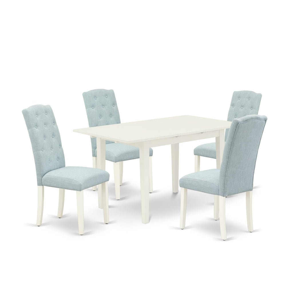 NOCE5-XA9-GX Stylish Linen White Dining Set for 4 with Extendable Table and Blue Chairs
