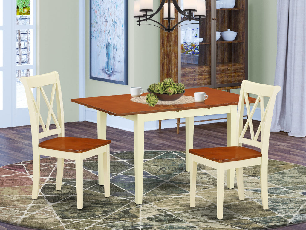NOCL3-2VM-N 3-Piece Dining Ensemble Rectangular Table & Chairs Set in Buttermilk & Cherry with Butterfly Leaf