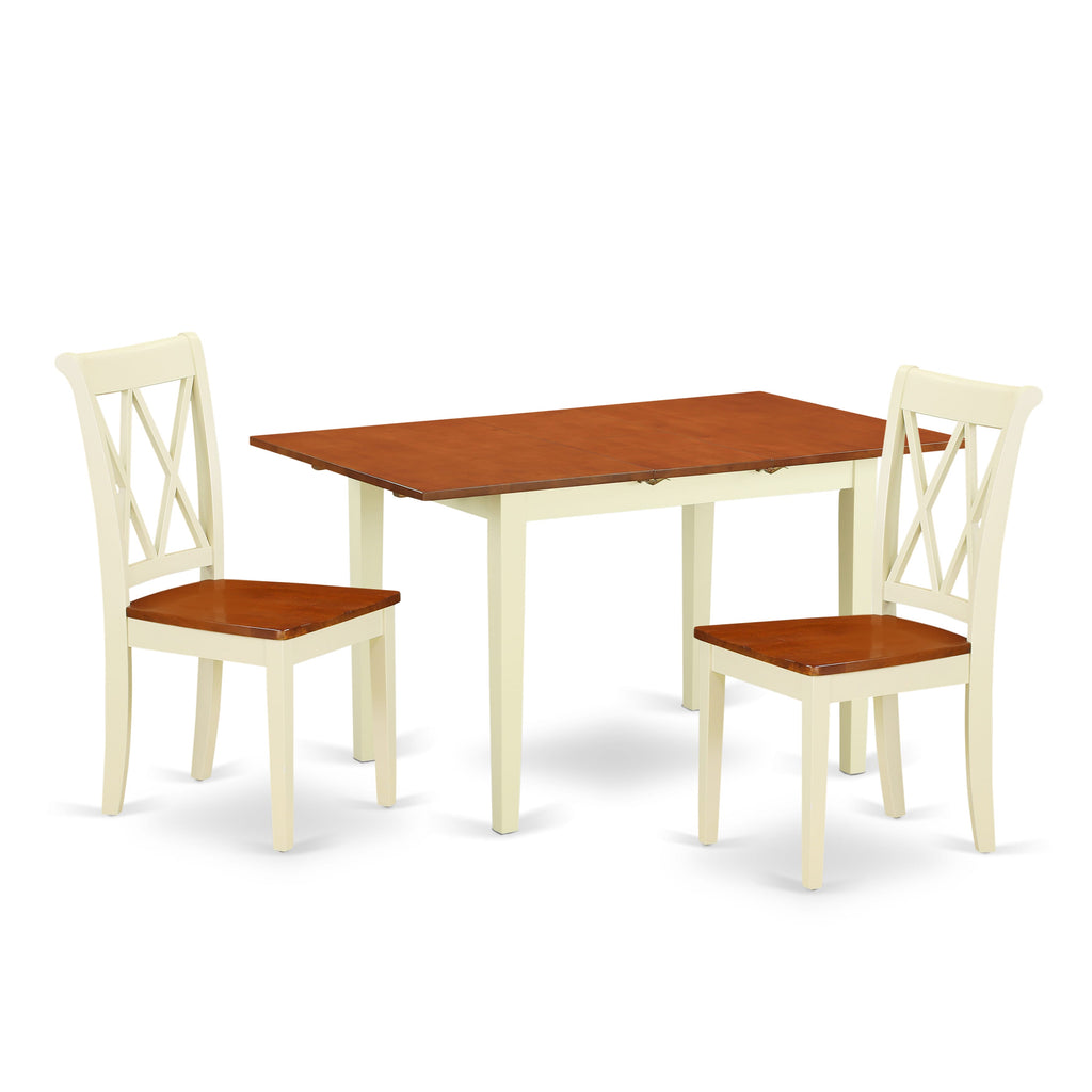 NOCL3-2VM-N 3-Piece Dining Ensemble Rectangular Table & Chairs Set in Buttermilk & Cherry with Butterfly Leaf