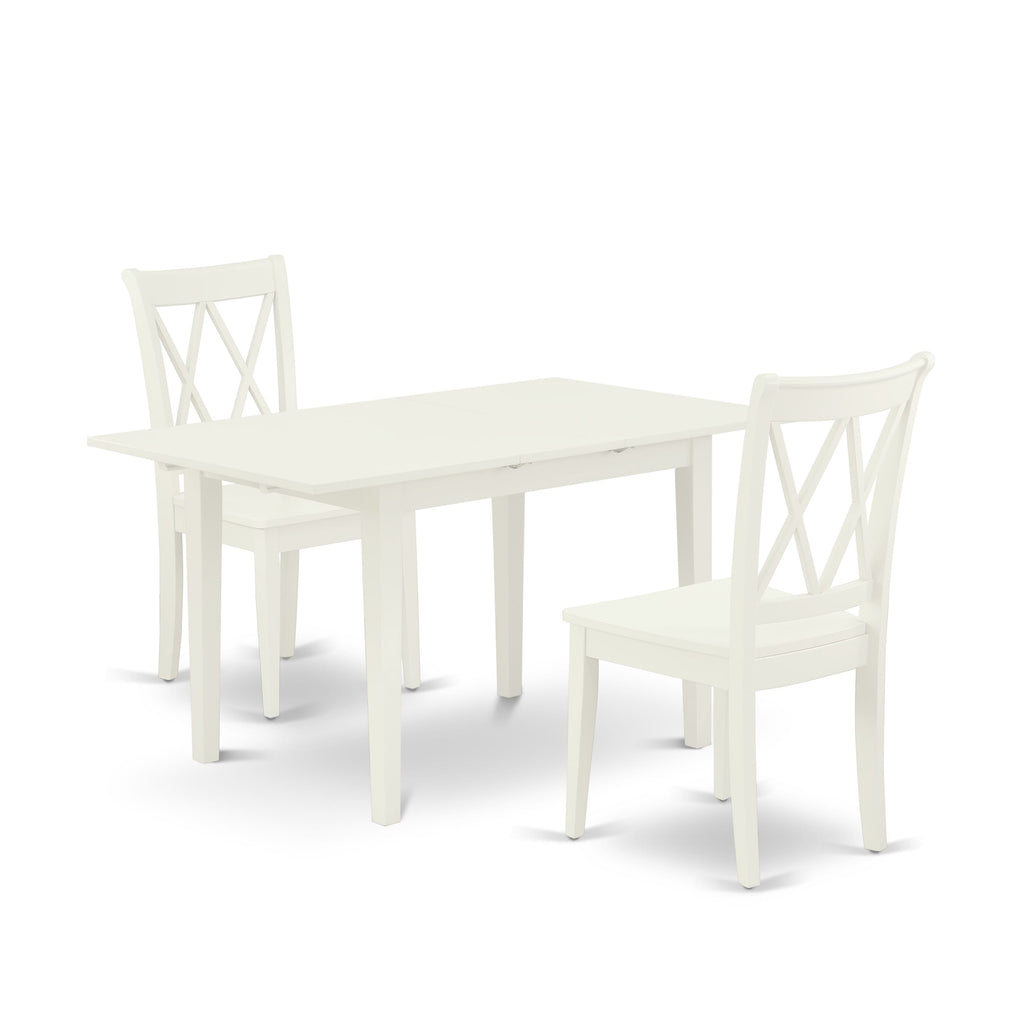 NOCL3-K6Z-T Compact 3 Piece Dining Ensemble Featuring Extendable Rectangle Table and Chairs in Linen White Finish