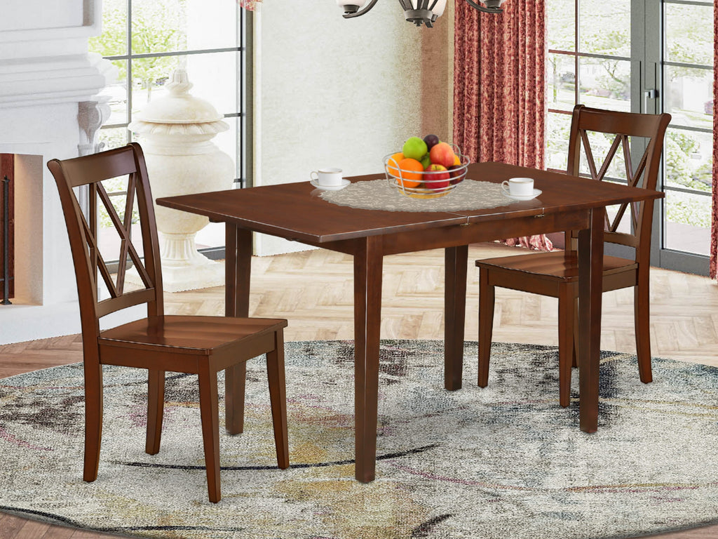 NOCL3-WC6-D 3 Piece Dining Set for Compact Kitchens with Expanding Butterfly Table and 2 Chairs, 32x54, Warm Wood Finish