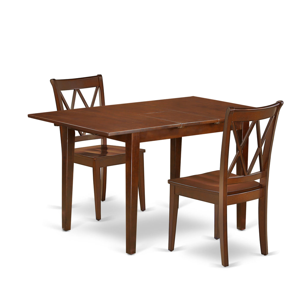 NOCL3-WC6-D 3 Piece Dining Set for Compact Kitchens with Expanding Butterfly Table and 2 Chairs, 32x54, Warm Wood Finish