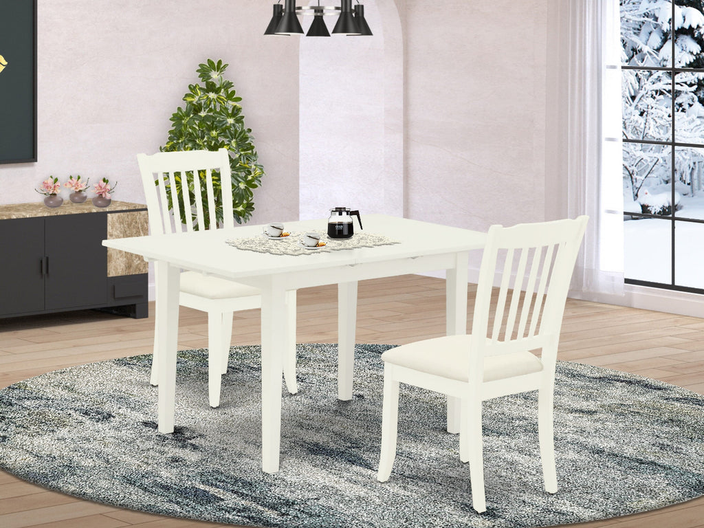 NODA3-F0I-G 3-Piece Set Rectangular Table with Butterfly Leaf and 2 Upholstered Chairs, Linen White, 32x54