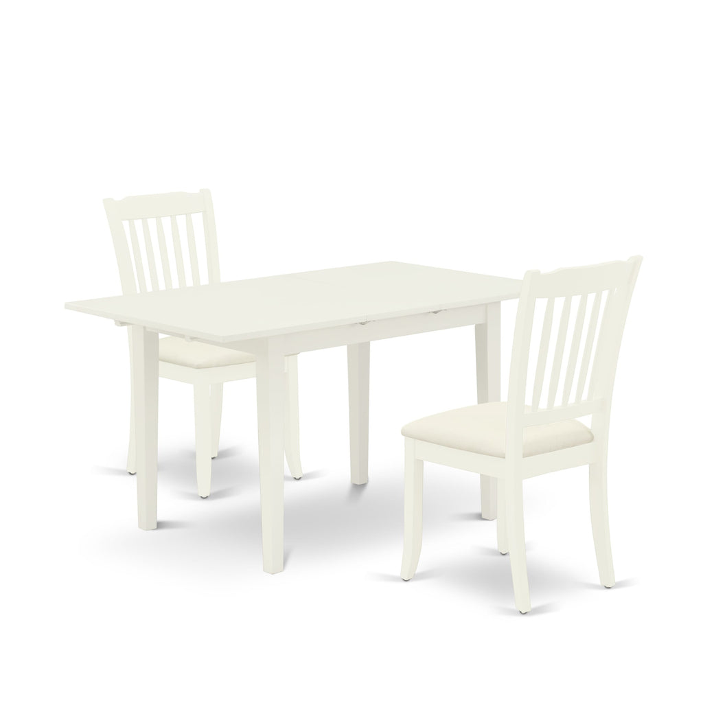 NODA3-F0I-G 3-Piece Set Rectangular Table with Butterfly Leaf and 2 Upholstered Chairs, Linen White, 32x54