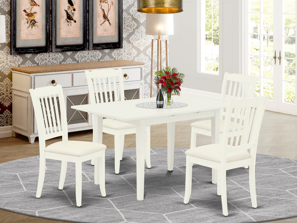 NODA5-Q87-8 5 Piece Dining Set with Rectangular Table, Butterfly Leaf, and Upholstered Chairs, 32x54, Linen White