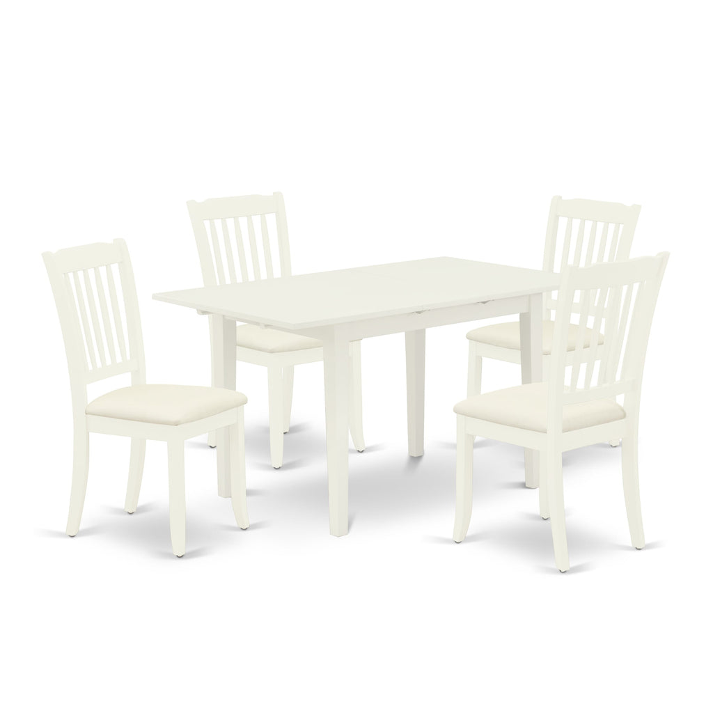 NODA5-Q87-8 5 Piece Dining Set with Rectangular Table, Butterfly Leaf, and Upholstered Chairs, 32x54, Linen White