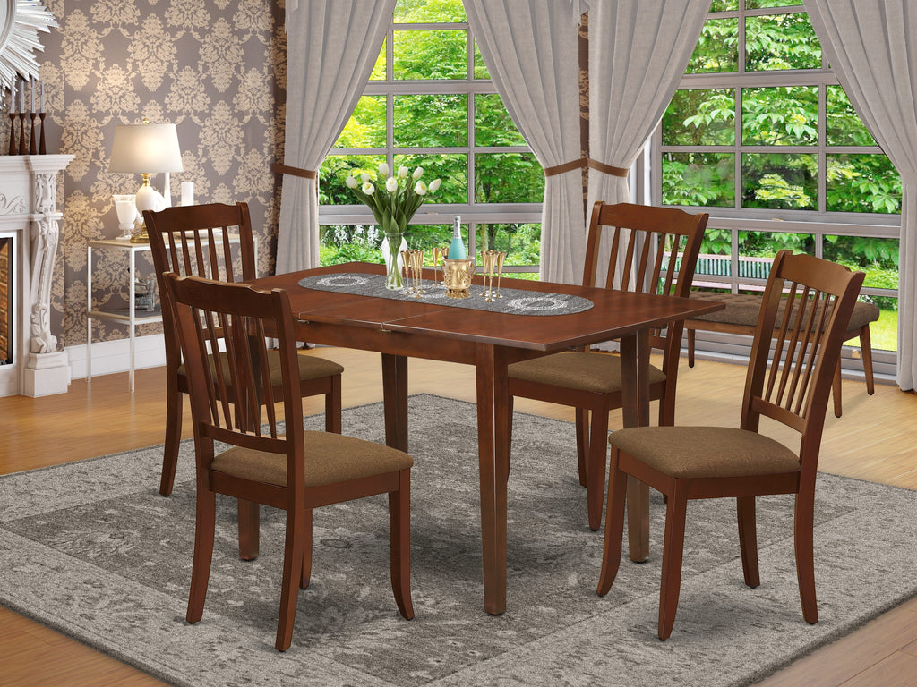NODA5-L6I-3 Rectangle Dining Set 5-Piece Table and Linen Chairs in Mahogany Finish