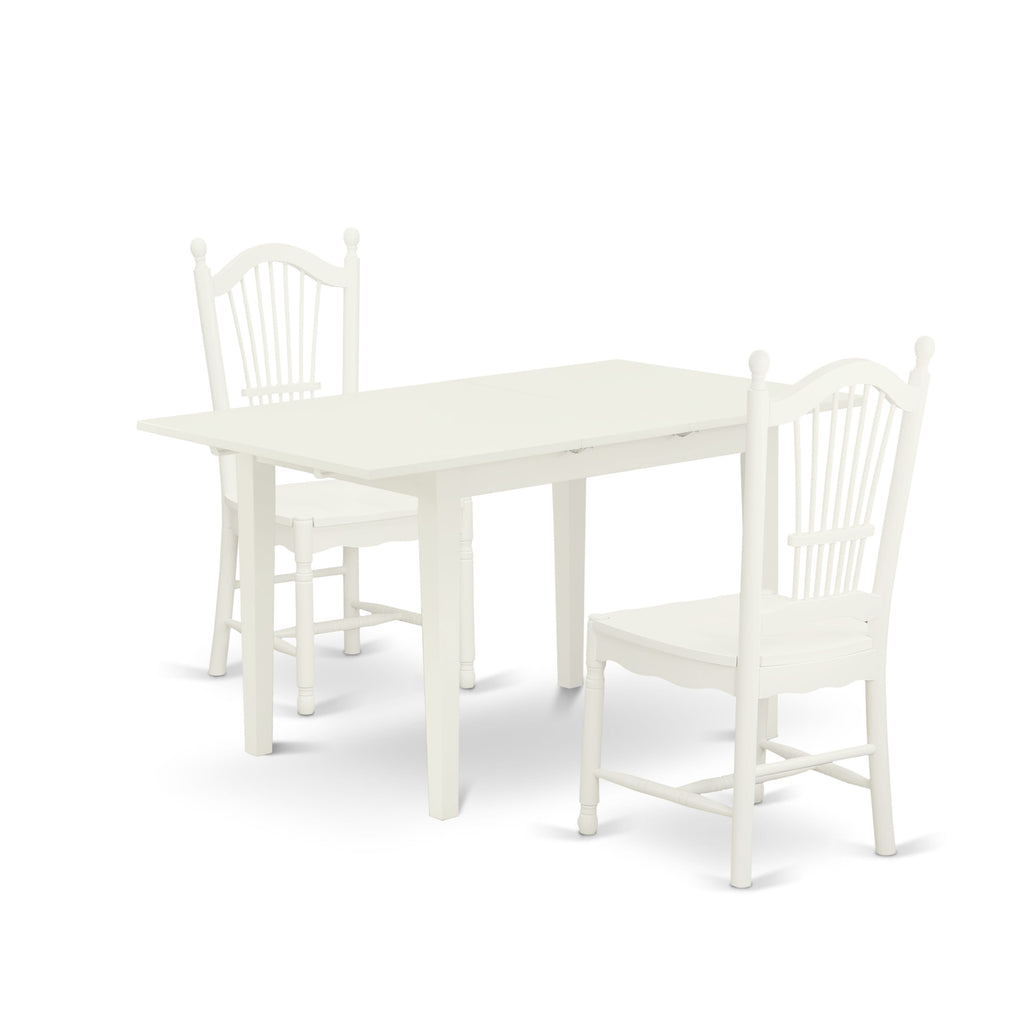 NODO3-5UM-B 3 Piece Dining Set with Expandable Table & 2 Chairs, 32x54 Inch, Linen White Finish
