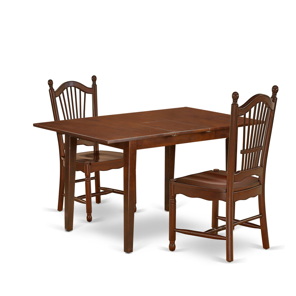 NODO3-45B-7 Dining Essentials 3-Piece Table Set w/ Butterfly Leaf & 2 Chairs, Mahogany Elegance