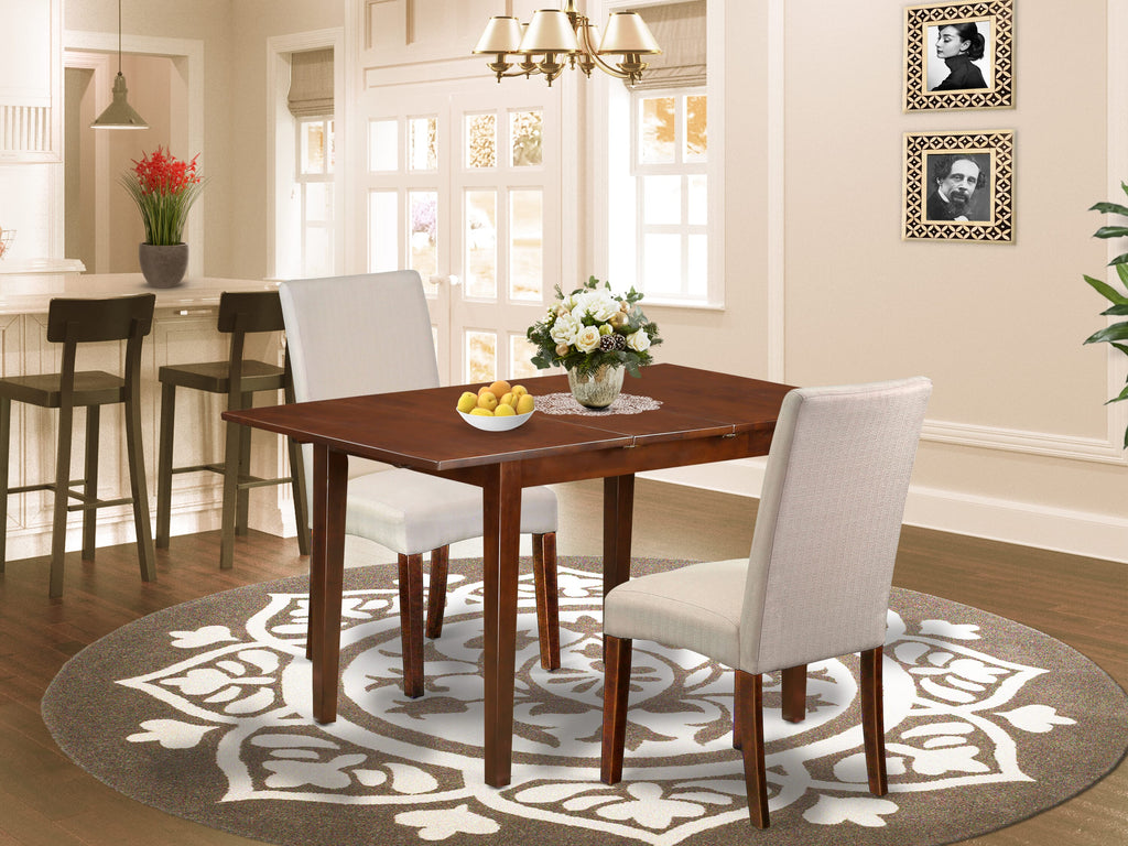 NODR3-2HL-L9 Elegant Mahogany 3-Piece Dining Collection with Rectangle Table and Butterfly Leaf for Cozy Nooks, Featuring Two Plush Cream Linen Parson Chairs