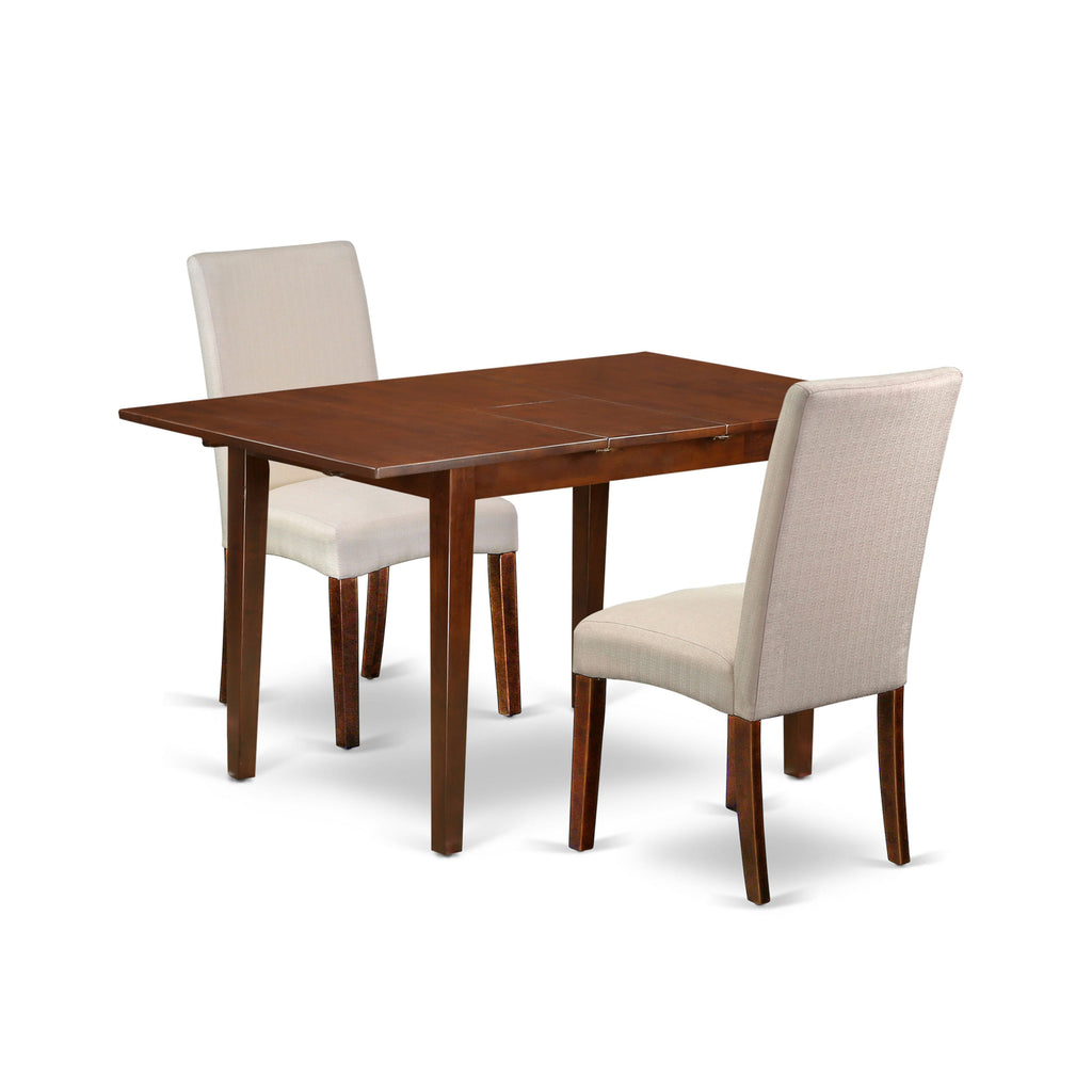 NODR3-2HL-L9 Elegant Mahogany 3-Piece Dining Collection with Rectangle Table and Butterfly Leaf for Cozy Nooks, Featuring Two Plush Cream Linen Parson Chairs