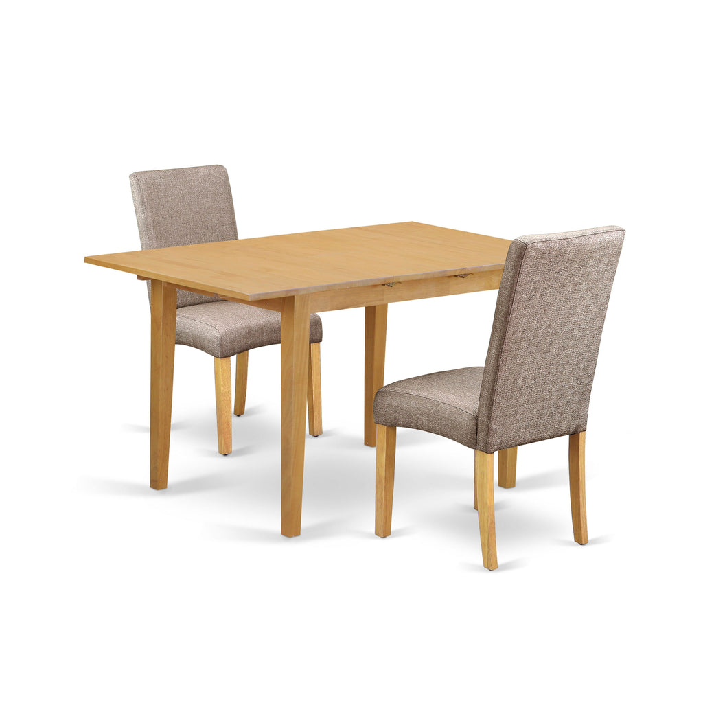 NODR3-KSD-GY   3 Piece Kitchen Set with Rectangular Table Featuring Butterfly Leaf and 2 Upholstered Khaki Chairs 32x54-In **Oak Finish**