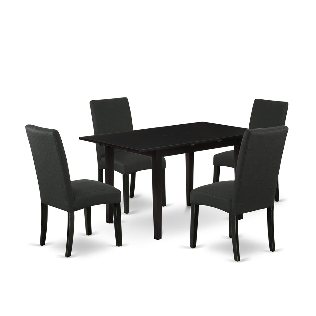 NODR5-3V0-5K 5-Piece Set Expanding Dining Table & Black Linen Chairs, 32x54