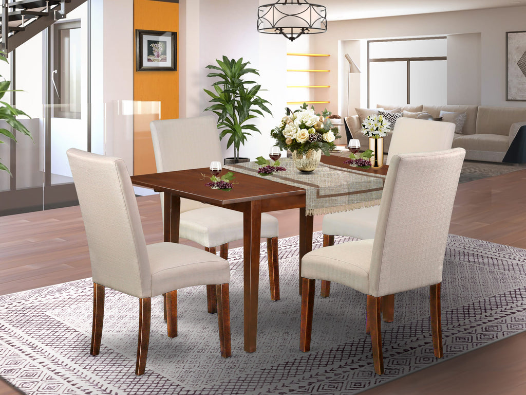 NODR5-BOJ-Y0 5-Piece Dining Set with Rectangular Butterfly Leaf Table and Cream Linen Chairs, 32x54 Inch, Mahogany Hue