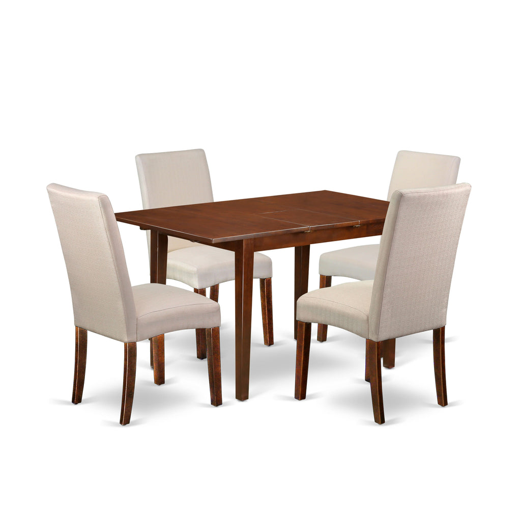 NODR5-BOJ-Y0 5-Piece Dining Set with Rectangular Butterfly Leaf Table and Cream Linen Chairs, 32x54 Inch, Mahogany Hue
