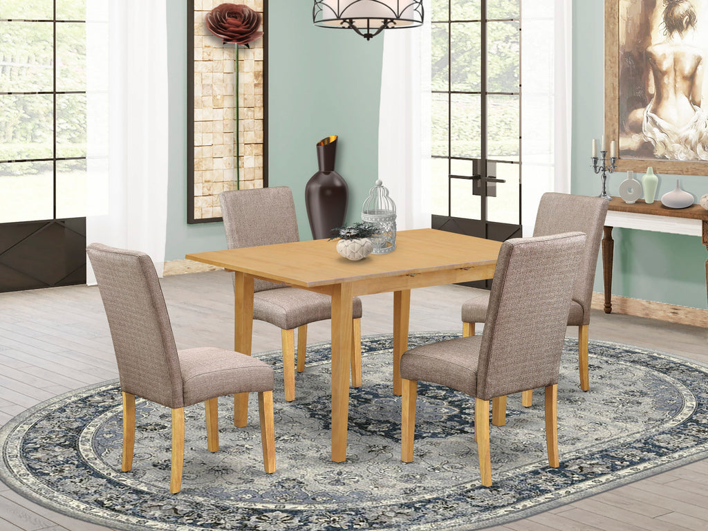 NODR5-FLI-O3 5-Piece Dining Ensemble with Rectangular Extendable Wood Table & 4 Parson Seats in Khaki Linen, Oak Finish