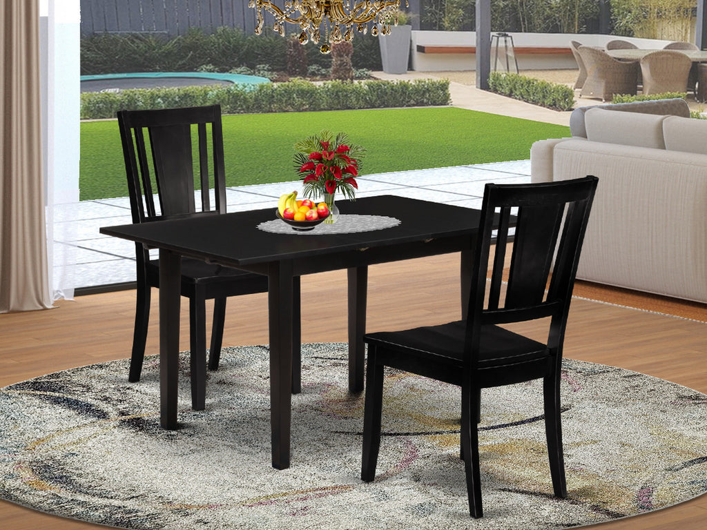 NODU3-YFY-Y Dining Ensemble Rectangular Table with Butterfly Leaf and Two Chairs, Black Finish, 3-Piece Compact Set