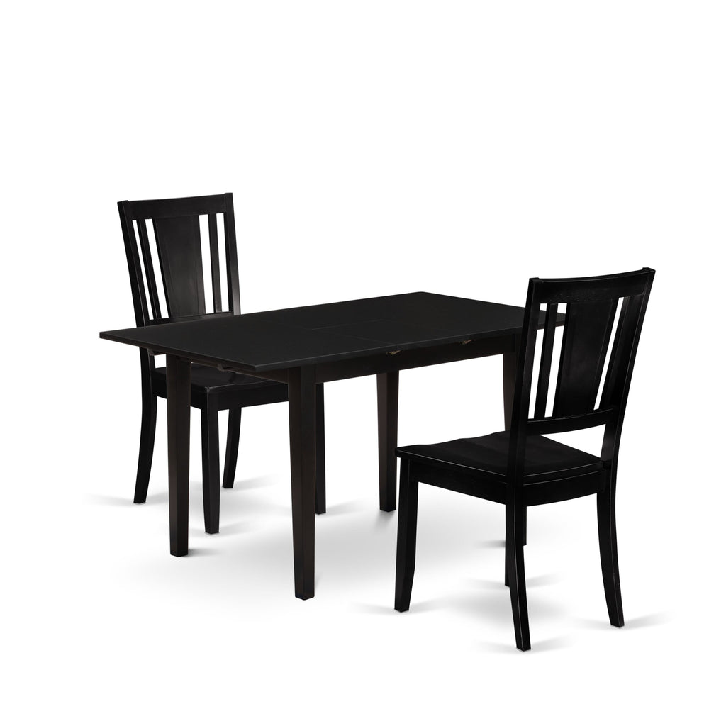 NODU3-YFY-Y Dining Ensemble Rectangular Table with Butterfly Leaf and Two Chairs, Black Finish, 3-Piece Compact Set