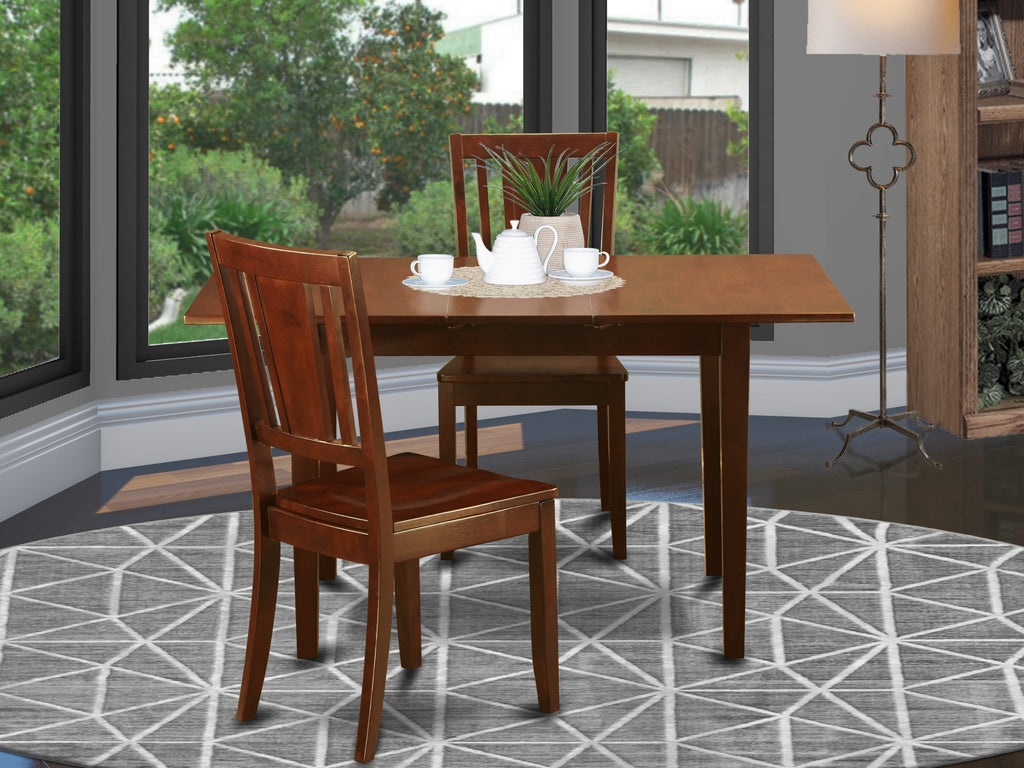 NODU3-75Z-O Compact 3-Piece Dining Set Rectangular Table with Butterfly Extension & Two Chairs, 32x54 in Mahogany Finish