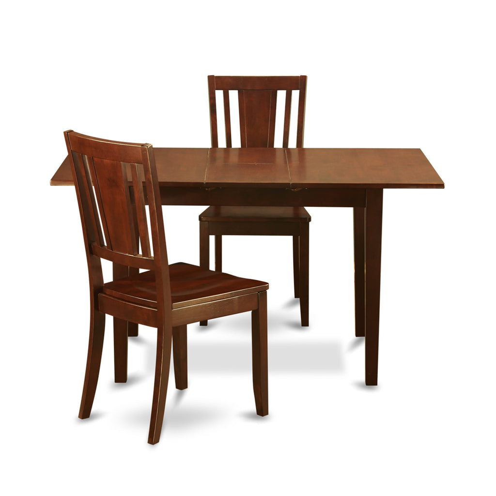 NODU3-75Z-O Compact 3-Piece Dining Set Rectangular Table with Butterfly Extension & Two Chairs, 32x54 in Mahogany Finish