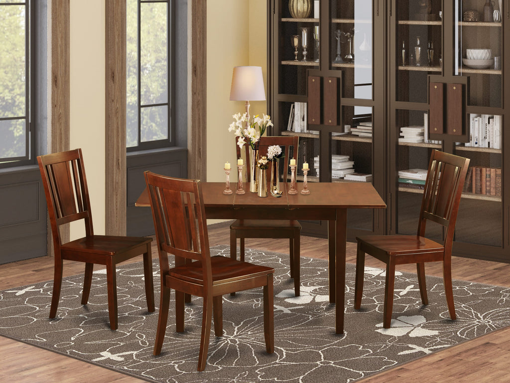 NODU5-FO2-Q Set for 4 Rectangle Dining Table with Leaf and Chairs, Mahogany Finish