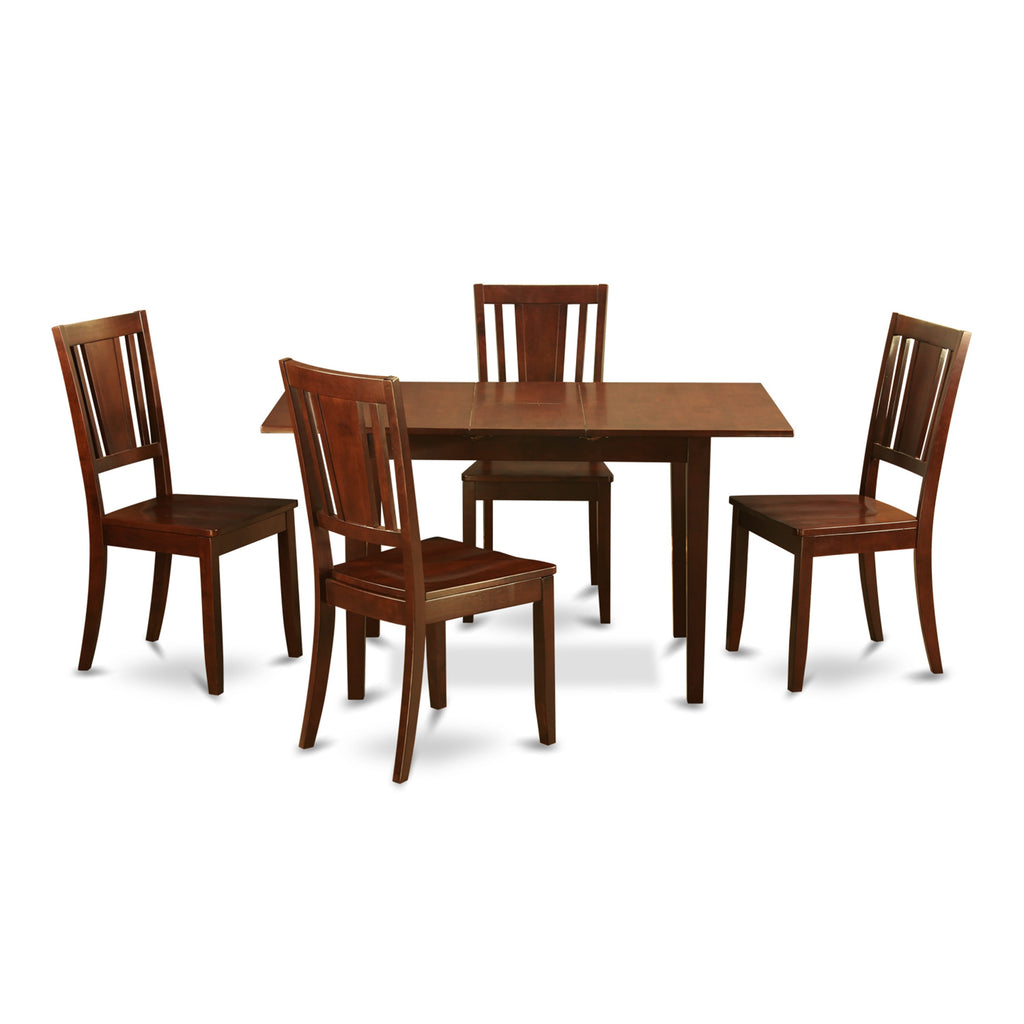 NODU5-FO2-Q Set for 4 Rectangle Dining Table with Leaf and Chairs, Mahogany Finish