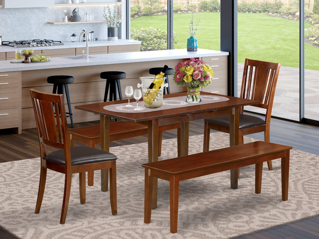 NODU5T-BHR-U5 Five-Piece Dining Ensemble with Rectangular Table, Butterfly Leaf, Faux Leather Chairs & Benches, 32x54 Mahogany